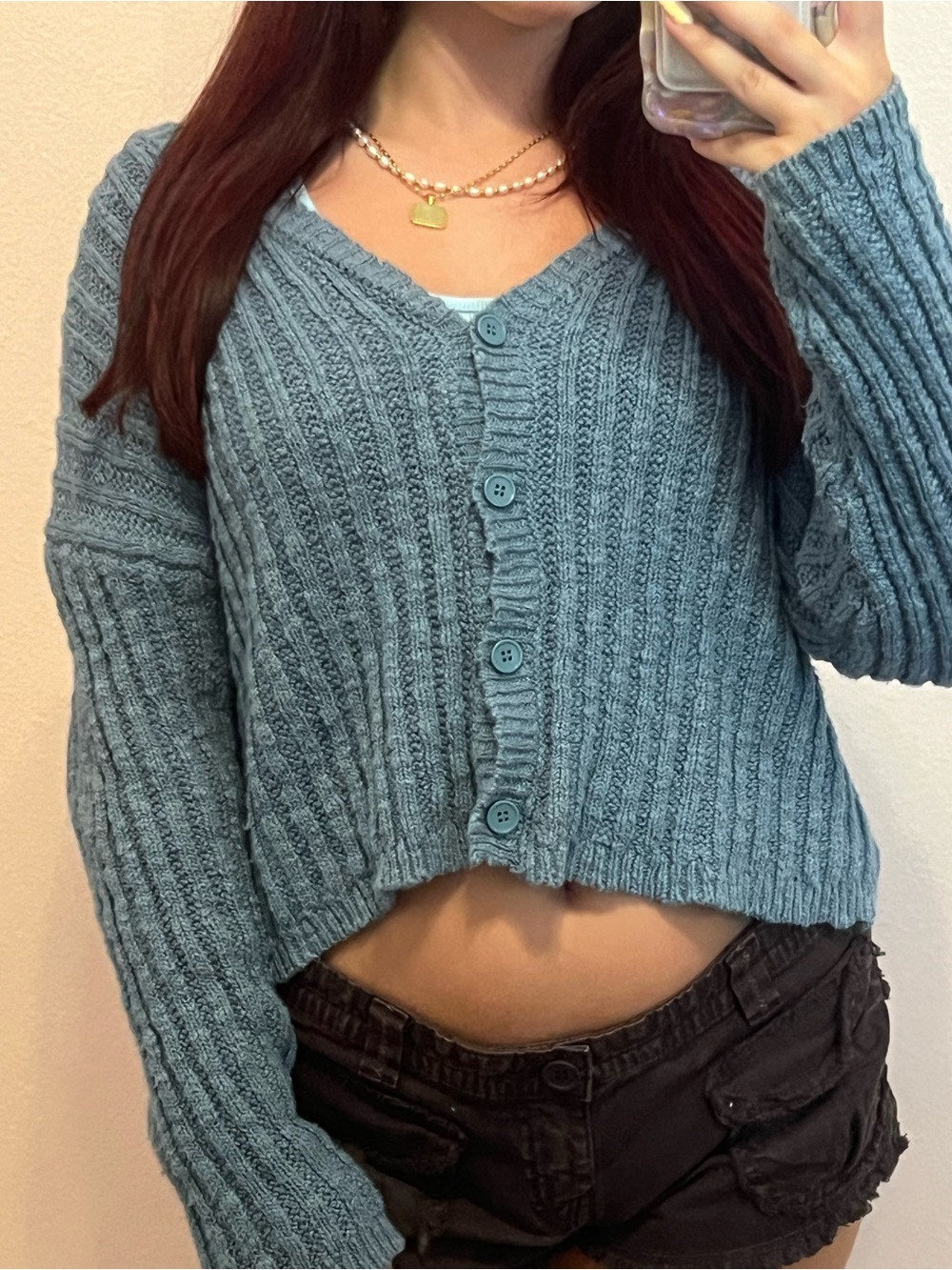 Forever 21 Dusty Blue Ribbed Button-Up Cropped Cardigan